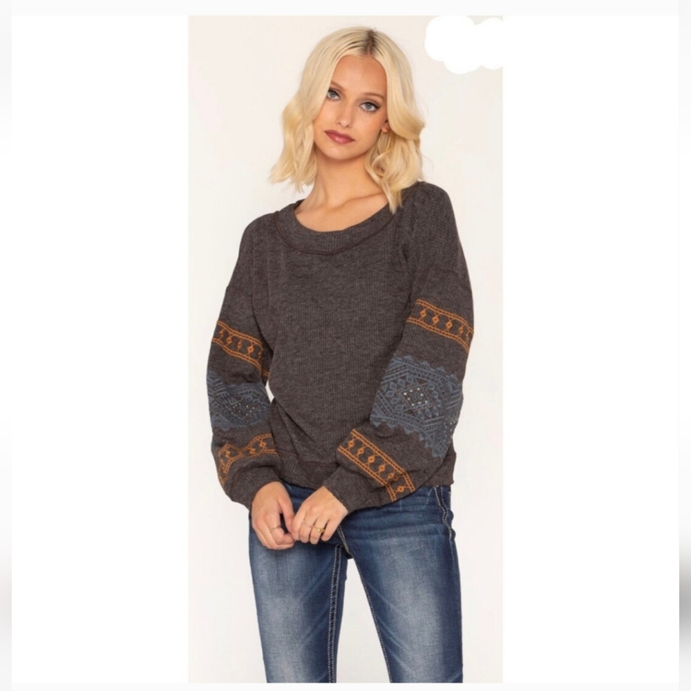Miss Me Geo Embroidered Bishop Sleeve Top